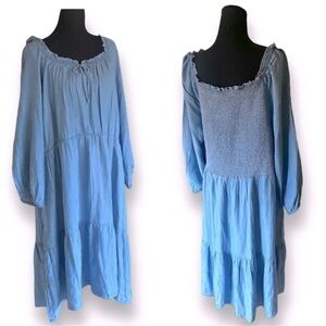 Beach Lunch Lounge Tiered Peasant Midi Dress Boho Style Size XXL Denim Blue